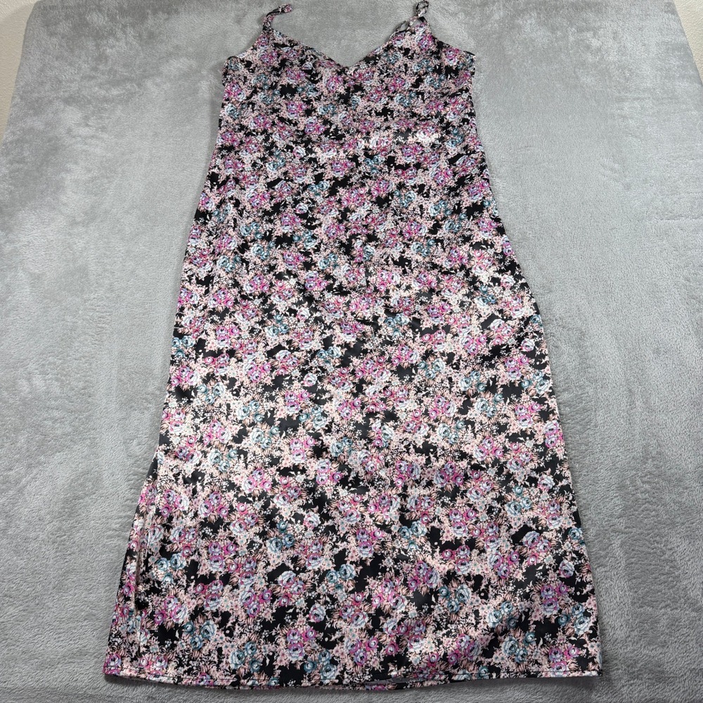 AFRM Kensie Floral Slip Midi Dress Womens‎ Large Black Pink Satin V-Neck Zip